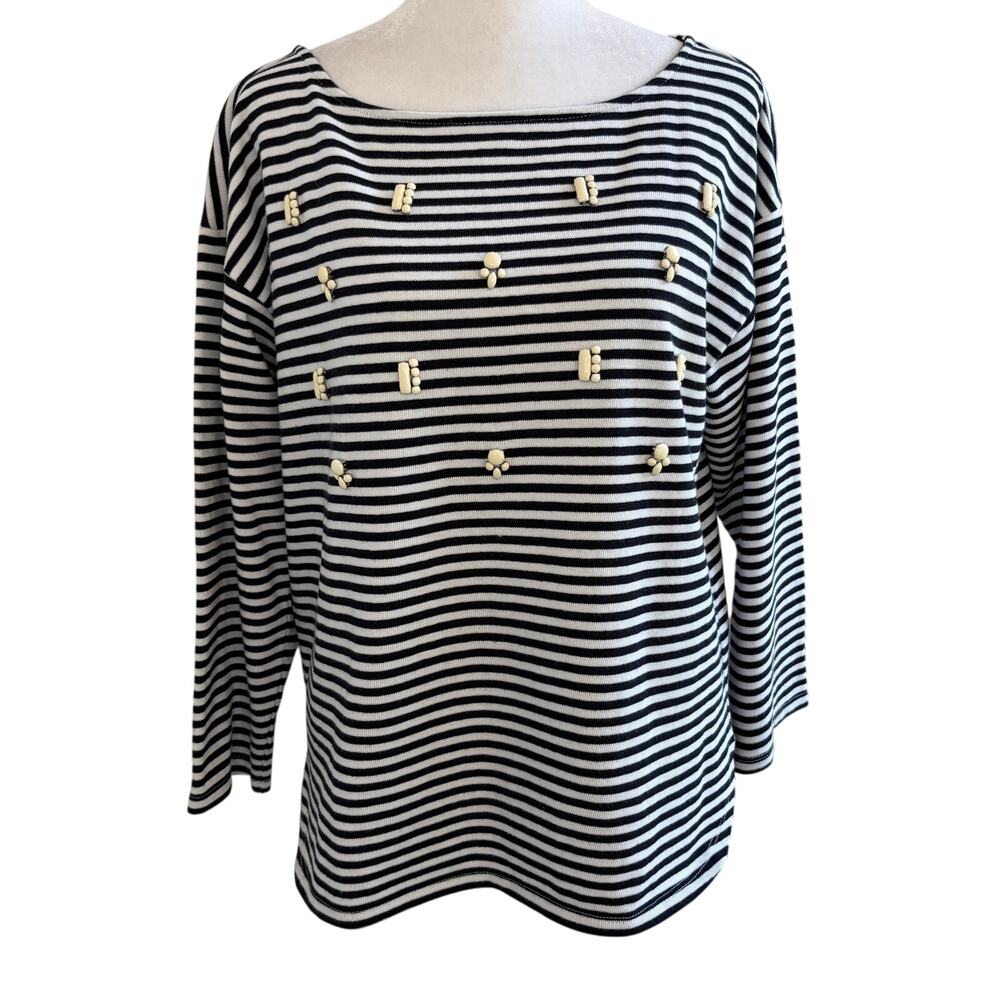 Banana‎ Republic Medium Black White Stripe Beaded Detail Shirt Cotton Crew